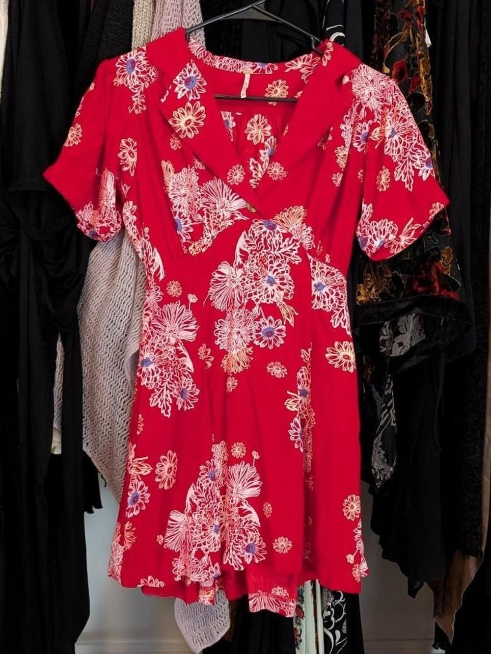 Red Floral Mini Dress with V-Neck and Short Sleeves